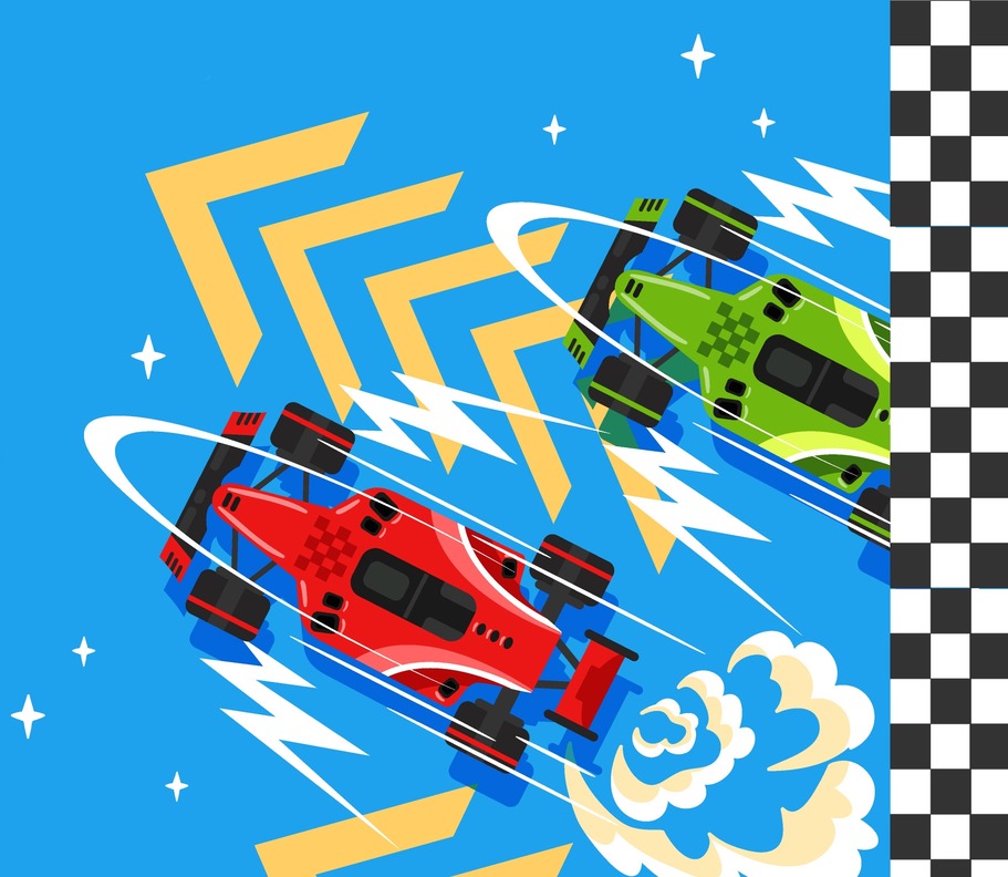 Blue background with two derby cars. On right hand side of the graphic is a racing checkerboard