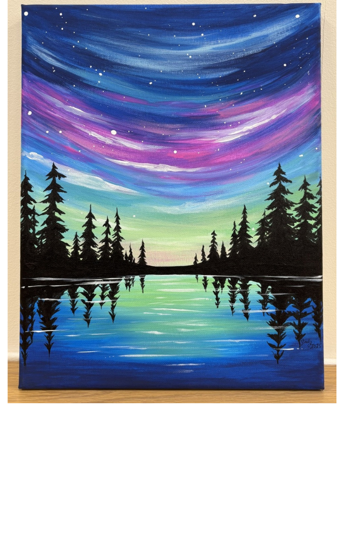 painting of an evening with silhouetted trees and a lake