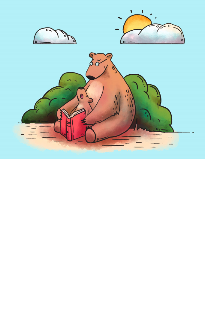 Bear sitting outside reading