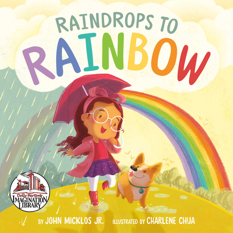 Cover of book shows a little girl and her dog playing in the rain with a rainbow over her shoulder
