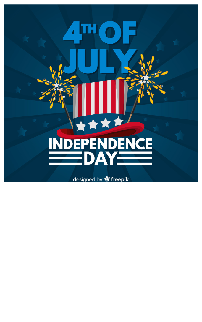 Hat with red and white stripes and a blue field with white stars, sparklers behind, with 4th of July written at the top