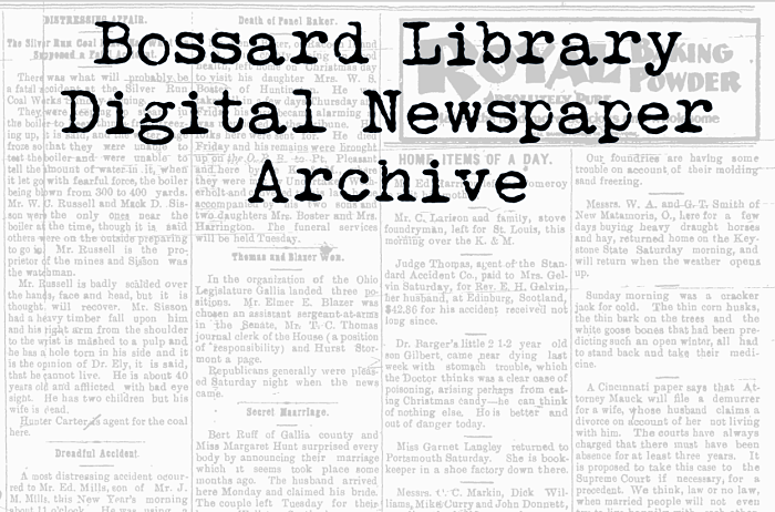Faded newspaper background with Bossard Library Digital Newspaper Archive written across it